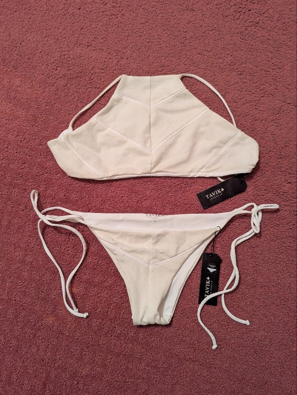 New Tavik Cream High-Neck Textured 2 Piece Bikini Easton Top, Jager Bottom Small